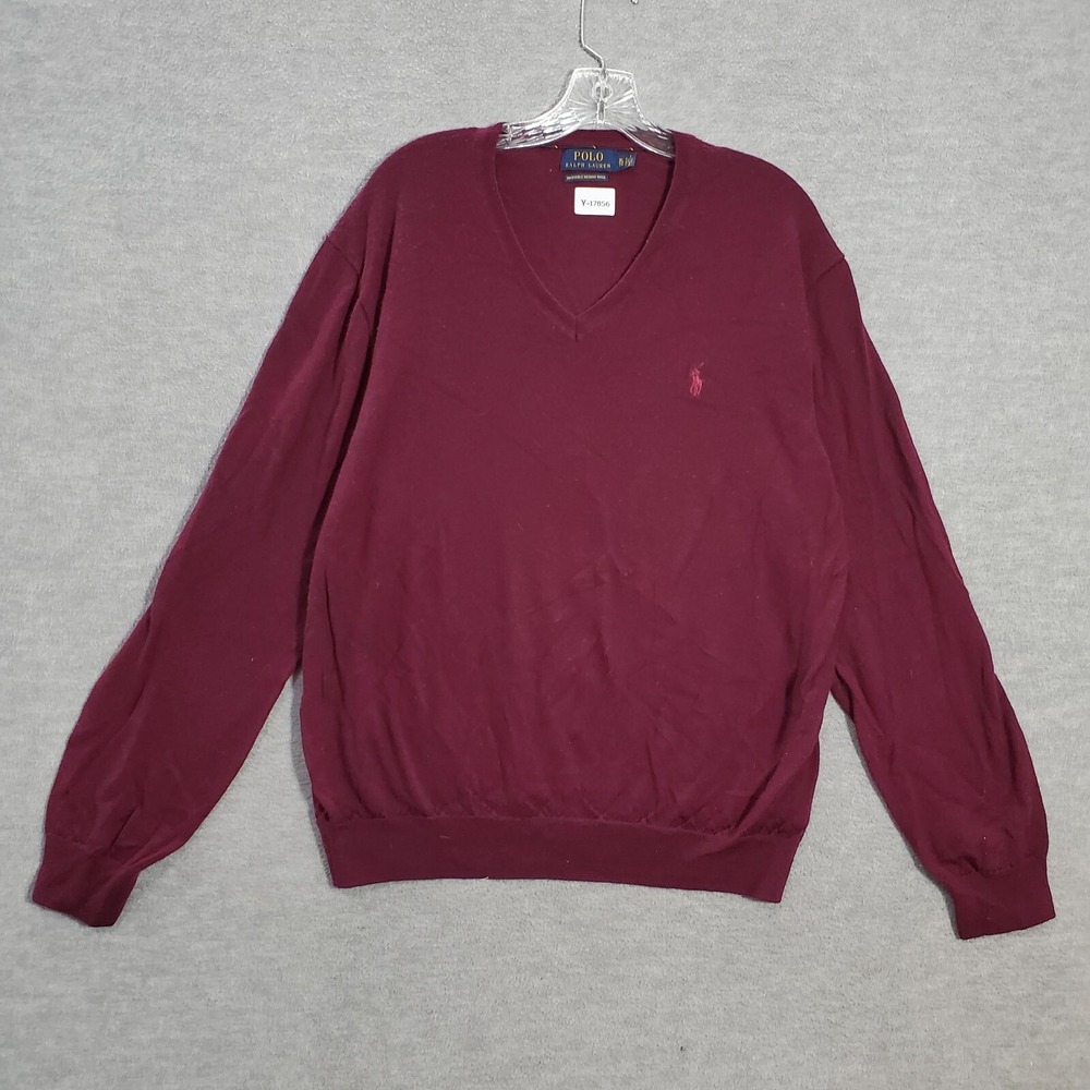 Polo Ralph Lauren Men Sweater XL Red 100% Merino Wool Washable V‎ Neck Logo